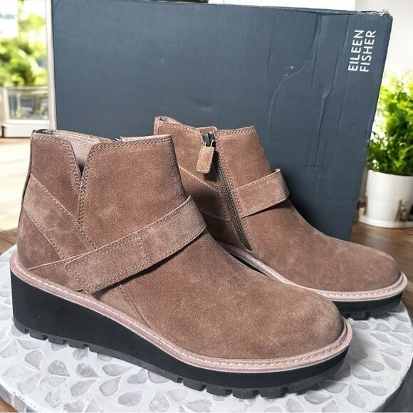 Eileen Fisher Cargo Ankle Boot Platform Wedge Savana Brown Suede Leather Size 7 - Picture 1 of 15